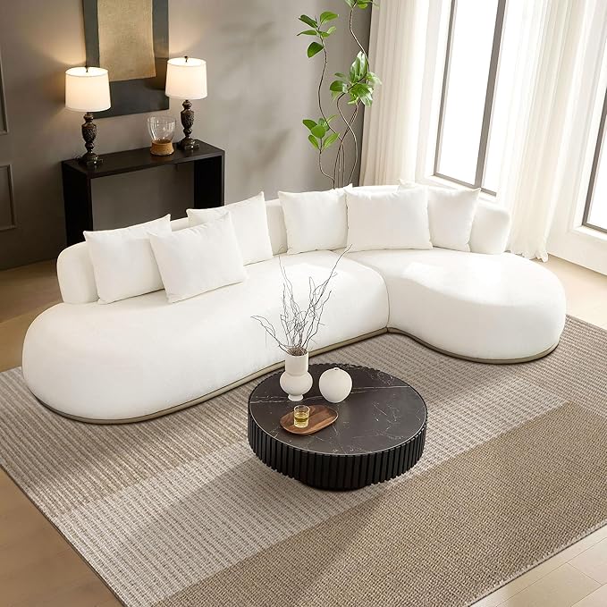 KEIKI 135" L-Shaped Oversized Boucle Sectional Sofa with Right Chaise, Modern 5-Seater Polyester Curved Couch with PU Leather Base & 6 Decorative Pillows, No Assembly Required, for Living Room, Beige