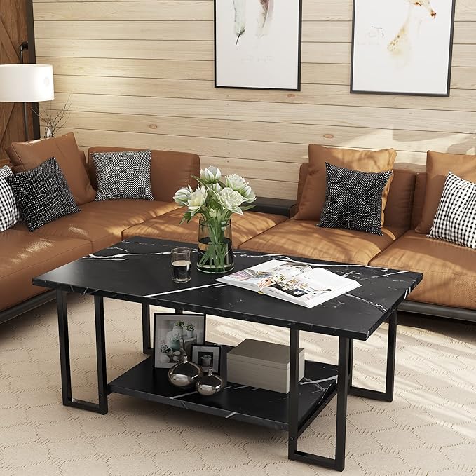 Lamerge Coffee Table, Modern Faux Marble Top Coffee Table with Metal Frame and Storage Shelf, 2-Tier Rectangle Accent Cocktail Table for Living Room, Office (Black)