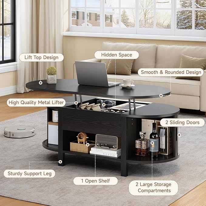 ONBRILL 43.3" Oval Lift Top Coffee Table with Hidden Compartment, Fluted Wood Coffee Table with Sliding Door, Mid-Century Modern Lift Tabletop Dining Table for Living Room, Home Office, Black