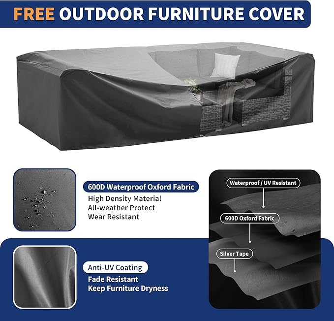 Patio Furniture Set, 12-Piece Outdoor Sectional with Waterproof Cover, All-Weather Wicker Patio Conversation Sets for Backyard (Grey with Black Cushion)