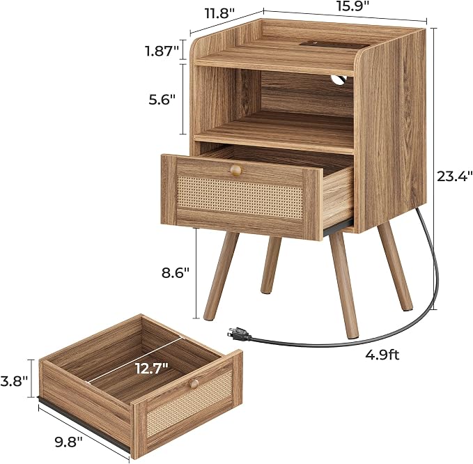SUPERJARE Nightstand with Charging Station & Rattan-Like Decor Drawer, Rattan End Table with Solid Wood Feet, Bed Side Table with Open Storage, for Bedroom, Living Room, Dormitory, Walnut - Image 3