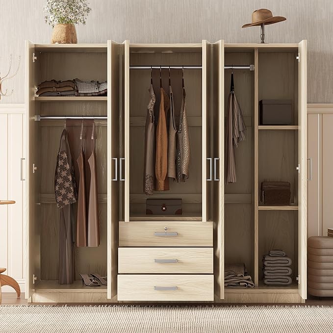 Merax 6 Doors Wardrobe Clothes Organizer, Wooden Armoire Wardrobe Closet with Three Big Drawers with Locker, Hanging Rail and Shelves for Home Room, Bedroom, Natural