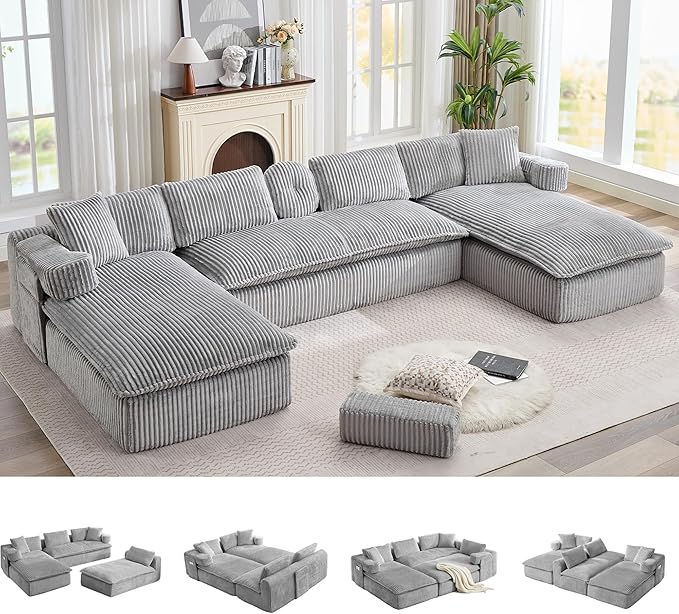 149" Oversized U Shaped Cloud Modular Sectional Sofa Boneless Couch with Double Chaise,Free Combination Convertible Floor Sofa Bed with Storage Pockets and Pillows | No Assembly