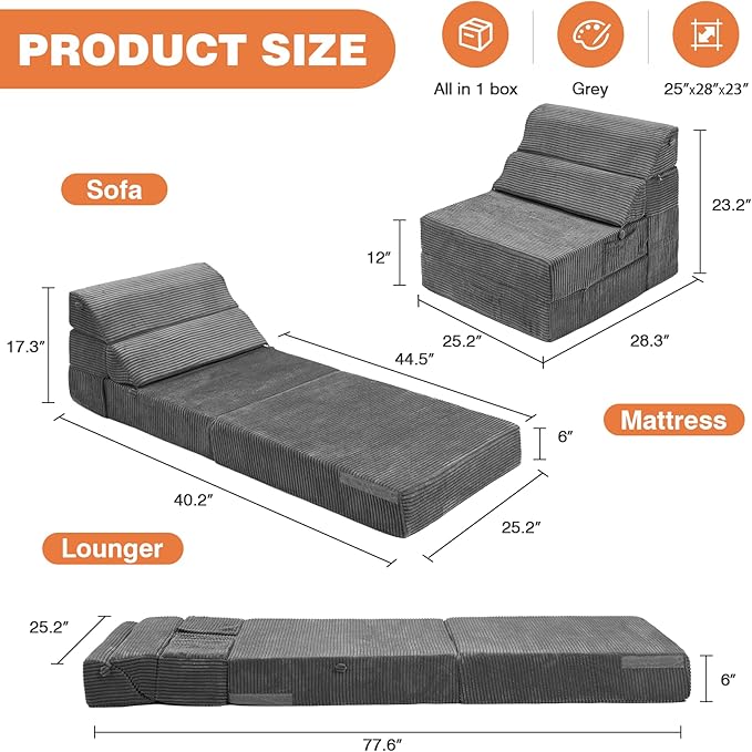 Comfy Folding Sofa Bed - Convertible Sleeper Sofa Fold Out Sofa Bed Sleeper Chair Couch for Living Room Guest, Foldable Floor Chairs Lounger Mattress with Back Support, Dark Grey