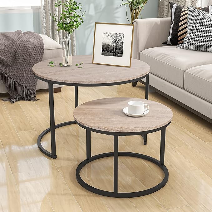 HOJINLINERO Round Coffee Table,Nesting Coffee Table Set of 2,Center Tables for Living Room,Office, Home Small Space,Stacking Side Tables,Sturdy and Easy Assembly,Wood Desktop,Black+Teak OAKDK,Large