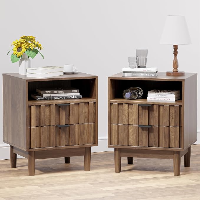Fluted Nightstand Set of 2 with 2 Drawers, 19" Wide Night Stand with Solid Wood Legs, Open Storage Shelf, Mid Century Modern Wooden Bedside Table for Bedroom, Bed End Side Table, Walnut by HOCAT