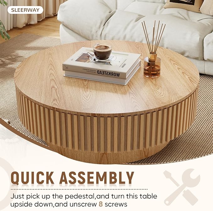 39.37'' Round Coffee Table with Storage, Modern Wooden Fluted Circle Coffee Table Oak Unique Drum Center Table Wood Circular Tea Table for Living Room, Office, Small Apartment, Natural Wood