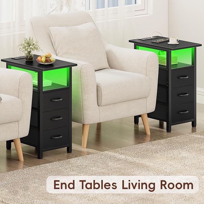 Vagusicc Black Nightstand with Charging Station and LED Lights, Narrow End Table, LED Nightstand with 3 Fabric Drawers for Bedroom, Small Night Stand, Narrow Side Table for Small Spaces, Black - Image 7