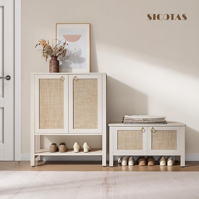 SICOTAS Shoe Cabinet with Storage - 3 Pieces Farmhouse Shoe Organizer with Rattan Doors & Shelves, 5 Tier Free Standing Shoe Rack Storage Cabinet for Entryway, Living Room, Closet (White Cream Oak) - Image 6