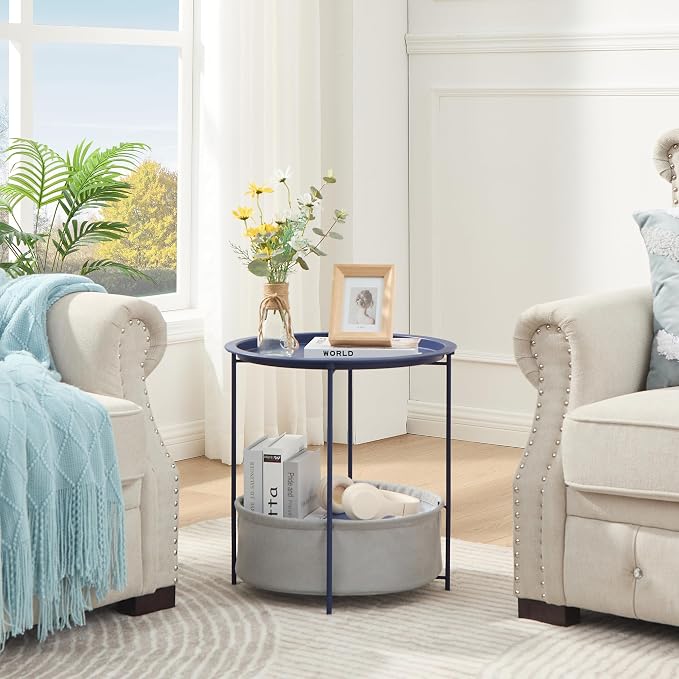 VECELO Round Side/End Table with Fabric Storage Basket，Metal Anti-Rust and Waterproof Small Bedside Nightstand with Removable Tray Top for Living Room，Balcony & Laundry，Blue /1pcs with Basket - Image 4