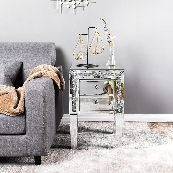 VINGLI Mirror Nightstand with Drawer, Silver Mirrored Glass End Table, Crushed Diamond Glitter for Small Spaces/Bedroom/Living Room - Image 7