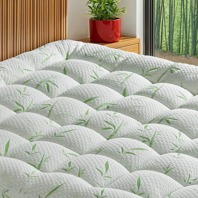 Mattress Pad Queen Size - 600 GSM 3D+7D Down Alternative Fill, Viscose Made from Bamboo Cover, Extra Firm for Back Pain, 6"-18" Deep Pocket (60"x80")