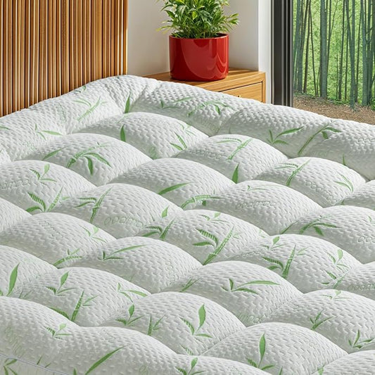 Mattress Pad Queen Size - 600 GSM 3D+7D Down Alternative Fill, Viscose Made from Bamboo Cover, Extra Firm for Back Pain, 6"-18" Deep Pocket (60"x80")