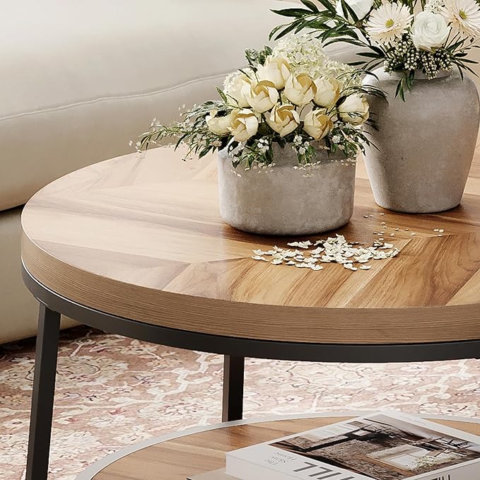 32" Round Coffee Table, Wood Coffee Table for Sectional Sofa with 2-Tier Storage Shelves, Farmhouse Center Table with Wood Grain Desktop, Easy to Assemble
