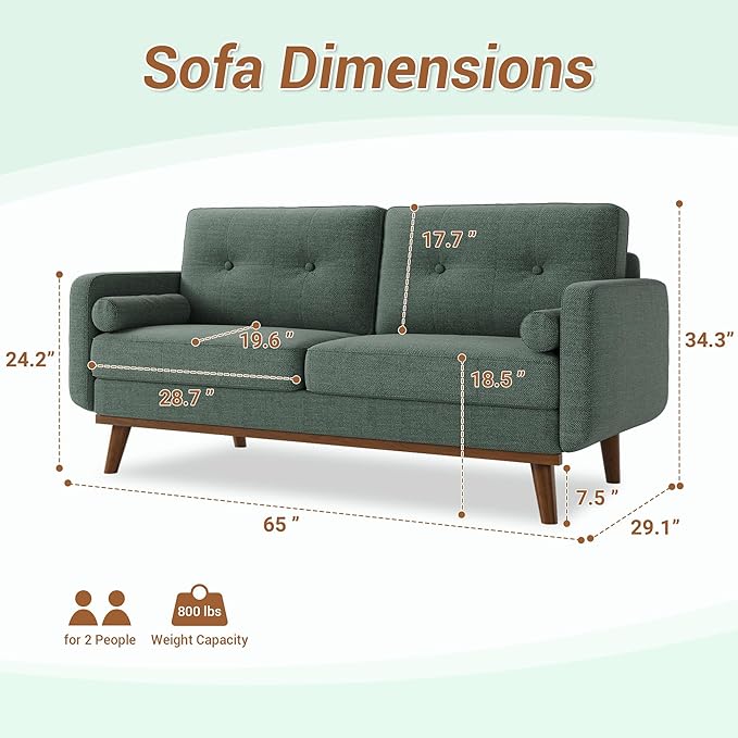 Garvee 65 in Mid Century Modern Loveseat Sofa for Small Spaces, 2 Seater Linen Upholstered Couch with Button Tufted Design & Wood Legs, Small Couch for Living Room, Bedroom, Office, Apartment, Green