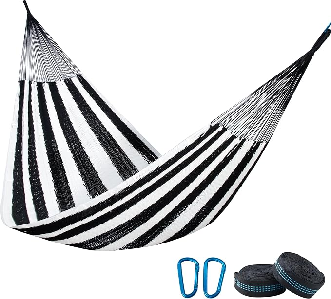 PNAEUT Handwoven Mayan Hammock, Thick Soft Rope Double Hammock for Outdoor Outside & Indoor, 600 lbs Capacity Heavy-Duty, Includes Tree Straps, Carabiners & Carrying Bag (Black and White, X-Large) by PNAEUT
