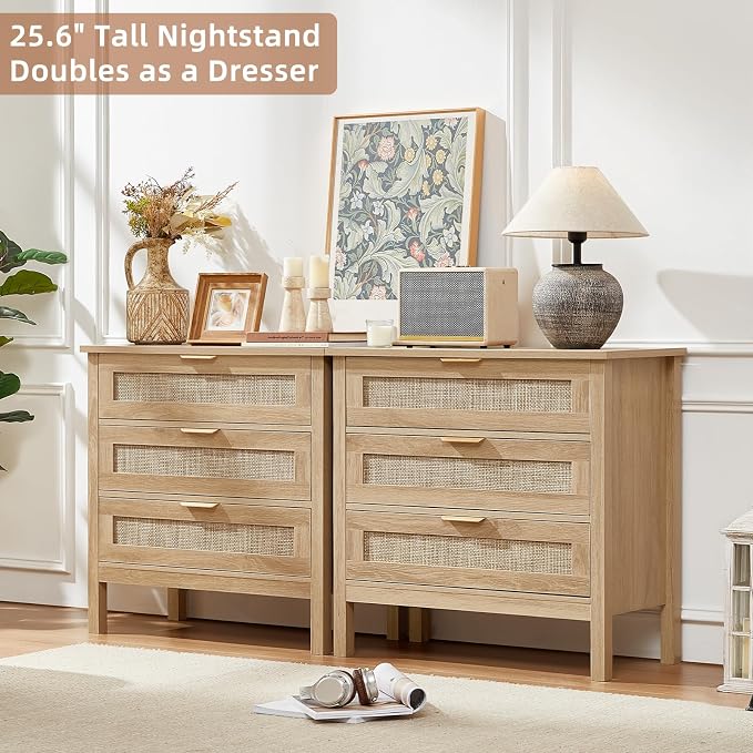 LEYAOYAO 26.8" Wide Rattan Nightstand, Large Boho 3 Drawer Night Stand, Natural Wood Bedside Table with Storage, Tall Bed Side End Tables, Chest of Drawers Dressers for Bedroom, Living Room, Hallway - Image 5