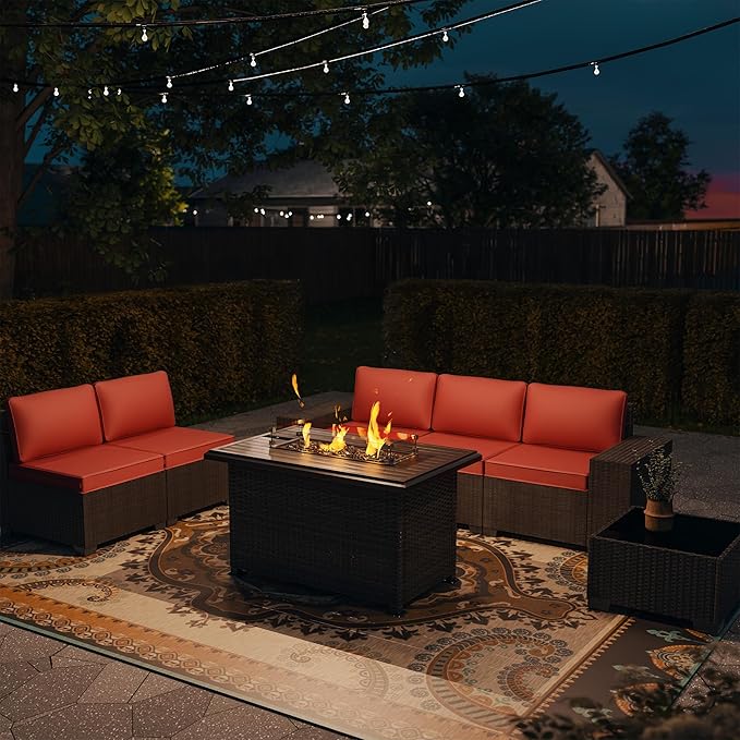 7 PCS Outdoor Patio Furniture Set,Outdoor Sectional Furniture with 43" 55000 BTU Gas Propane Fire Pit Table,All Weather PE Rattan Wicker Patio Conversation Set,Red
