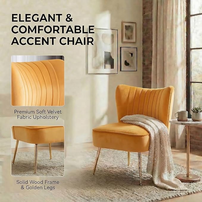 DUOMAY Modern Accent Chair Set of 2 Velvet Slipper Chair with Gold Legs Wingback Side Chair for Living Room Bedroom Entryway Small Corner Chair for Space Saving, Yellow
