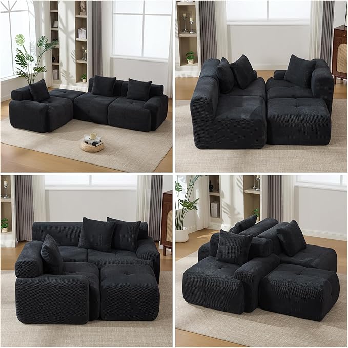 104" L-Shaped Compressed Sectional Cloud Sofa, Flannel Upholstered Modular Tufted Sofa with 4 Pieces, Modern Floor Boneless Foam Modular Cloud Couches for Living Room