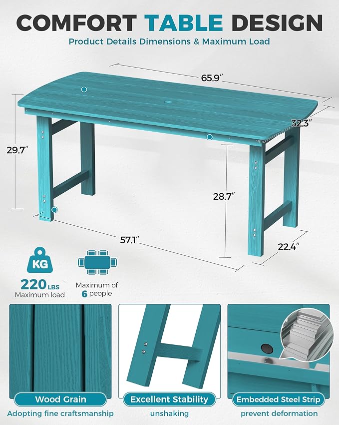 Ciokea HDPE Outdoor Dining Table with Umbrella Hole,66" Rectangle Patio Table for 6,All-Weather Outdoor Patio Furniture Set for Garden Backyard, Lake Blue - Image 4