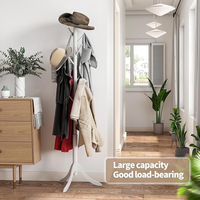 Coat Rack Freestanding, Coat Stands Entryway, Bamboo Coat Rack Hat Hanger 8 Hook for Jacket, Purse, Scarf Rack, Umbrella Tree Stand (White) - Image 8