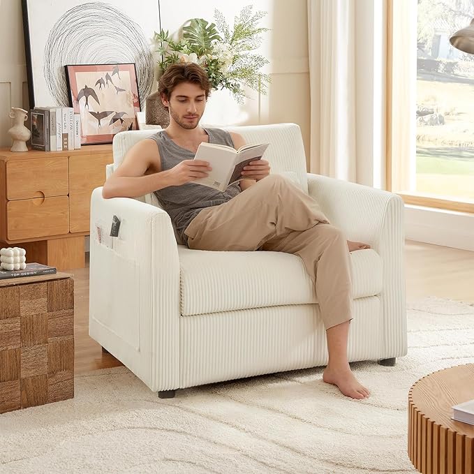 3 Pieces Corduroy Living Room Sofa Sets, 3-Seater Couch with Set of 2 Reading Armchairs, Comfy Pillows and Storage Pockets, Modern Living Room Furniture Sets for Apartment, Small Spaces, Beige