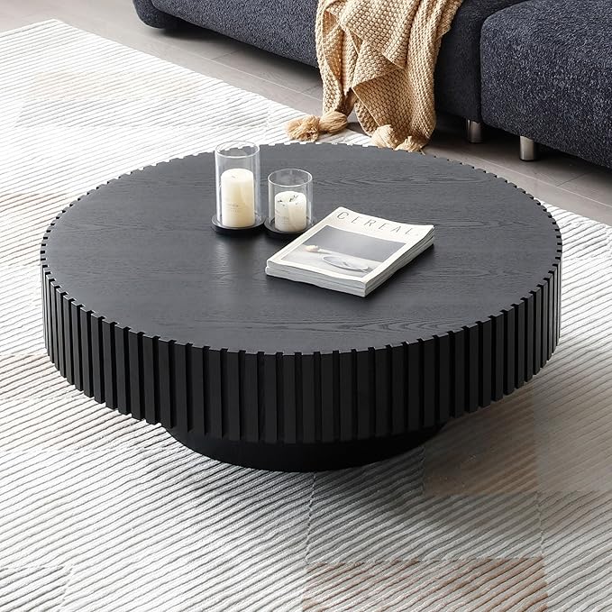 31.49" Round Coffee Table Wood, Modern Unique Circle Coffee Table, Contemporary Oak Drum Fluted Accent Side Table Center for Living Room, Small Space, Apartment, Black