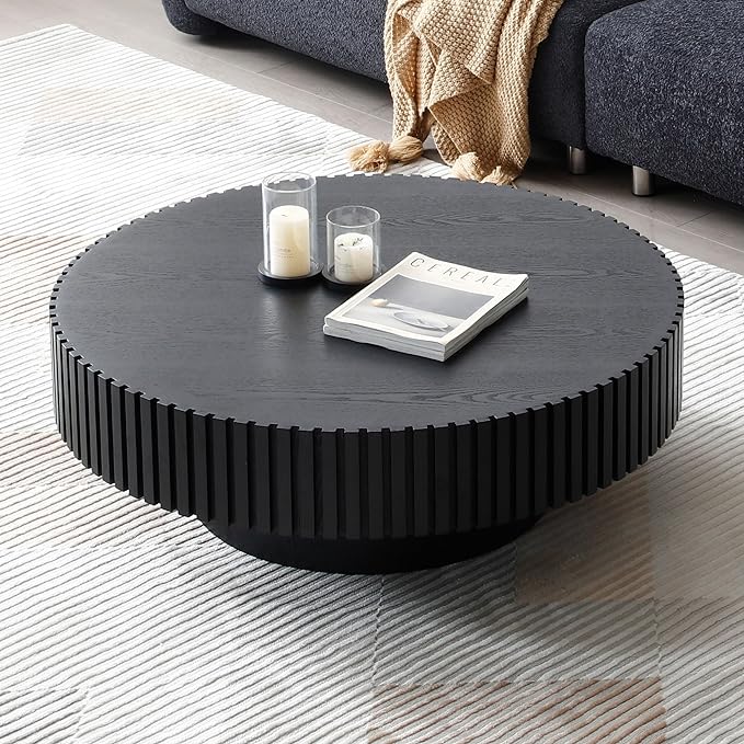 Round Coffee Table Wood Coffee Table for Living Room,Contemporary Drum Coffee Table with Handcrafted Relief,Fluted Side table Easy Assembly（please make sure this size is perfect for your space）