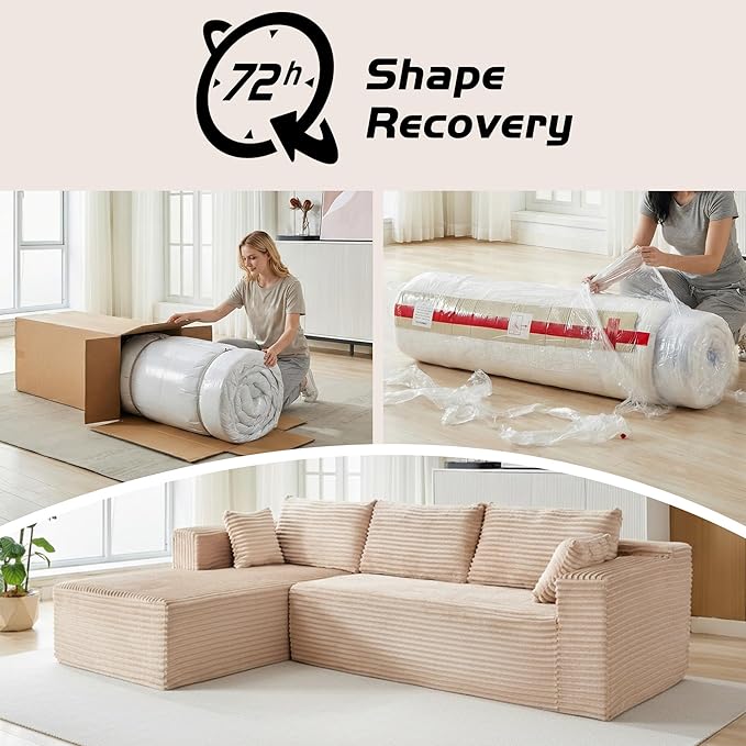 110" Boneless Couch, L Shaped Sofa with Deep Seat, Beige Couch Corduroy Cloud Sectional with Left Facing Chaise, for Living Room Bedroom