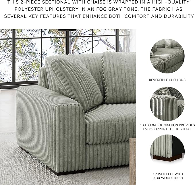 Signature Design by Ashley Lindyn Casual Right-Arm Facing 2-Piece Sectional with Chaise, Reversible Cushions and 4 Throw Pillows, Gray