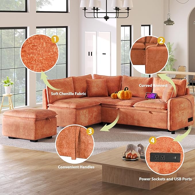 ERYE L-Shaped Corner Chenille Upholstered Sleeper Sectional Sofa Practical Convertible Sleep Sofabed W/Pull Out Sleep Couch Bed, Storage Ottoman and USB Charge Ports for Living Room