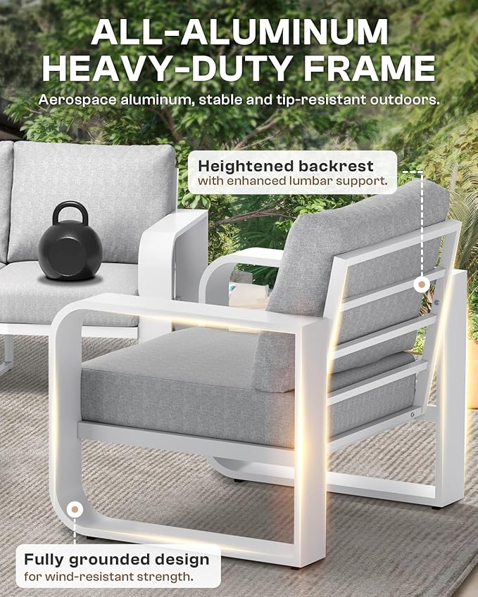 Aluminum Outdoor Patio Furniture Set, 4 Piece Oversized Patio Conversation Sets Widened Armrest & Ultra-Thick Cushions, Heavy Duty Modern Sectional Furniture for Backyard, Porch, White
