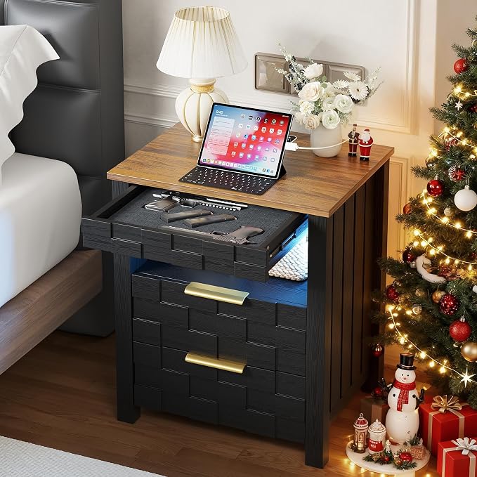 Dystler Nightstand with Gun Drawer - Bedside Table with Charging Station and 2 Drawers, Smart Side Table with 3-Color Human Sensor LED Lights for Bedroom, Black by CraftYourIdealHomeLife
