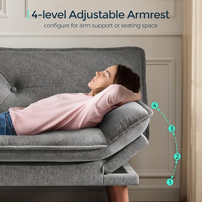 LINSY HOME Futon Sofa Bed, 70" Chenille Futon Couch with Adjustable Backrest Armrest, 3 in 1 Convertible Comfy Loveseat Sleeper Sofa Bed for Small Spaces Dorm Room Apartment Home Office, Dark Grey