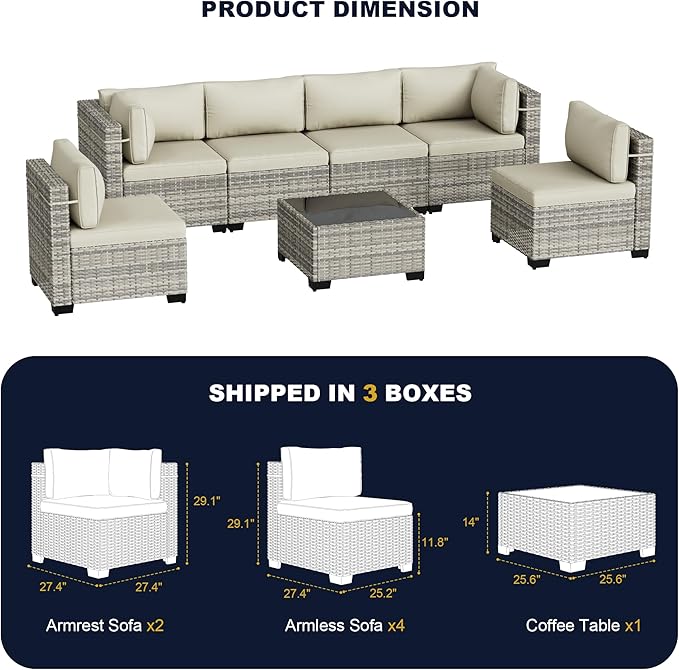 7-Piece Outdoor Patio Furniture Set, PE Wicker Rattan Sectional Sofa Conversation Set with Tempered Glass Table & Thick Cushions - All-Weather Garden, Backyard Furniture, White