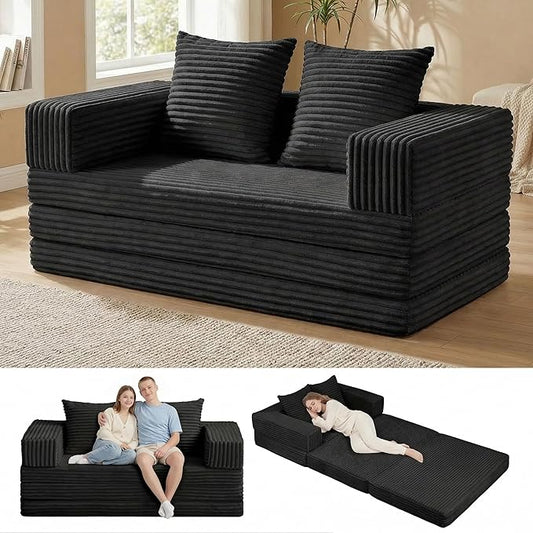 Convertible Sofa Bed, 4-in-1 Boneless Loveseat with Removable Armrests Backrest, Corduroy Futon Couch Bed with Pillow, Foldable Mattress Sleeper Sofa for Living Room Bedroom Small Place (Black)