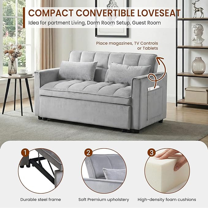 63" Sleeper Sofa with Pull-Out Bed, 3-in-1Folding Convertible Loveseat Sofa Bed with Side Pockets, Adjustable Backrest, Premium Velvet Fabric Futon Couches for Living Room