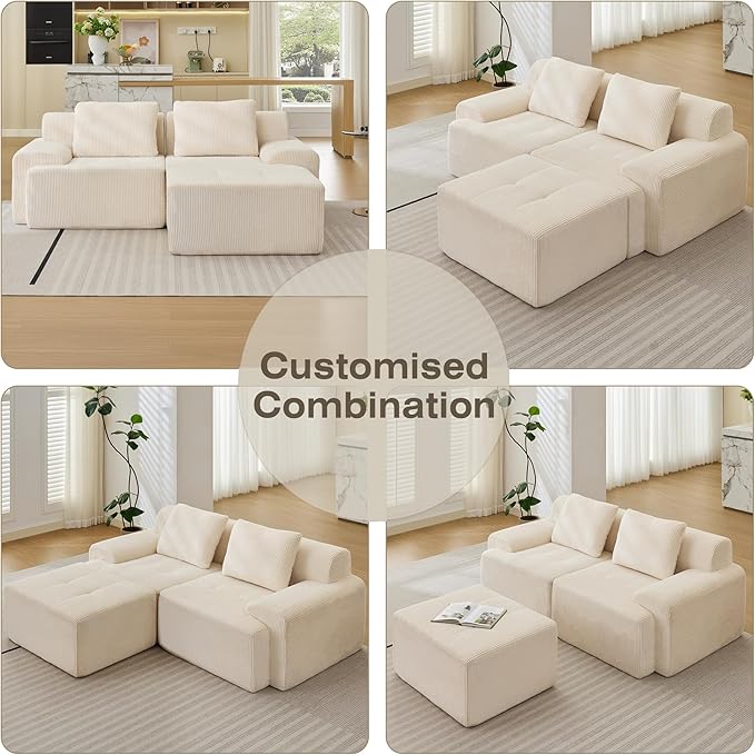 Modular Sectional Sofa, Boneless Couches for Living Room, Corduroy Couch, Big Comfy Couch, Modular Cloud Sofa with Deep Seat (White, 3 Pieces-L Shape)