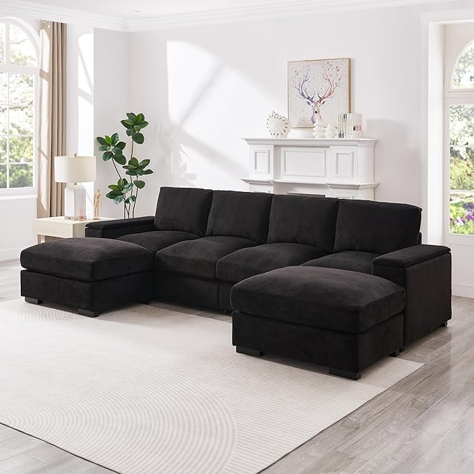 122" Oversized Modular Sectional Sofa Cloud Couch with 2 Ottomans, Comfy Corduroy Upholstered Deep Seat Large U Shaped Lounge Sofa&Couches with Hidden Arm Storage Box