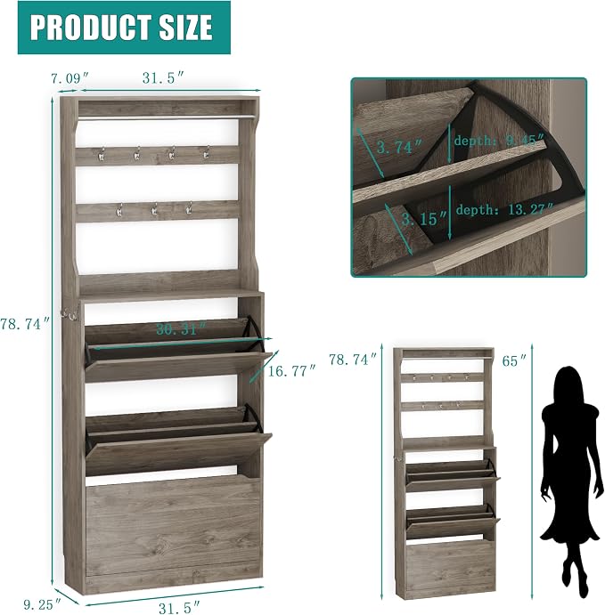 Shoe Cabinet for Entryway with 3 Flip Drawers, Grey Tall Wood Shoe Storage Cabinet with Coat Rack, Narrow Hidden Slim Freestanding Shoe Rack Organizer, 2 in 1 Hall Tree for Living Room, Hallway - Image 2