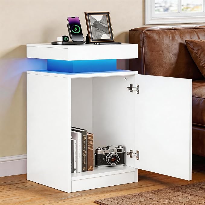 MXV Nightstands Set 2, 17 Inches LED Night Stand Set of 2, Modern Bedside Table, High Gloss Surface, End Table with Storage for Bedroom, White - Image 3