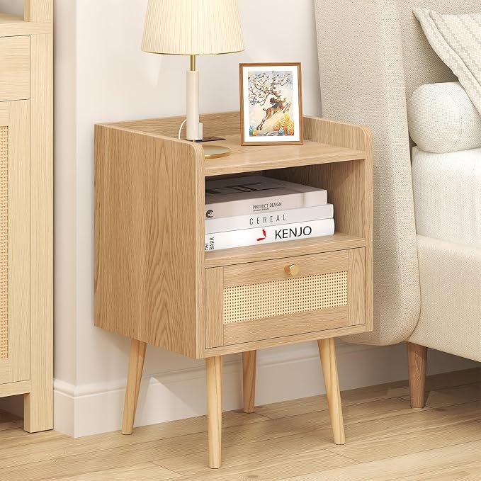MECHYIN Nightstand with Charging Station & Rattan Decor Drawer, Boho Bedside End Table, Bed Side Table with Open Storage for Apartment Bedroom Living Room Dorm - Image 2