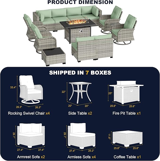 14-Piece Outdoor Patio Furniture Set with Rocking Swivel Chair, Wicker Rattan Sectional Sofa Conversation Set with 55,000 BTU Fire Pit Table, Backyard Furniture, Light Green