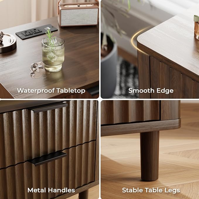 Fluted Nightstand Set of 2, Multifunctional 3 Drawers Storage Bedside Table with Charging Station, Wood Modern Nightstand, Curved Profile Design, End Table for Indoor Room Bedroom, Walnut - Image 5