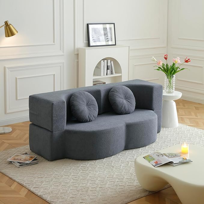 KEIKI 2-in-1 Folding Sofa Bed with Pillow, Queen Sleeper Sofa, Floor & Futon Loveseat Couch, Foam Folding Mattress for Living Room, Guest Use, Office, Apartment, No Assembly Required, Grey