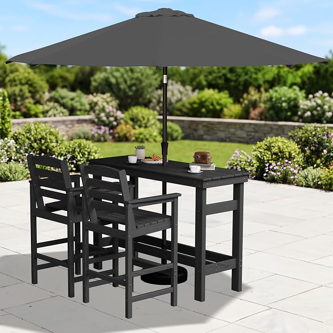 SERWALL Outdoor Bar Set with 9ft Umbrella, All-Weather HDPE Patio Bar Chairs and Table, Outdoor Furniture Set, Black (Umbreall Base not Included) - Image 3