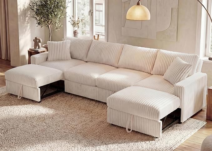 HONBAY 121.3 Inch Sectional Sofa, Modular L & U Shaped Pull Out Couch with Adjustable Backrest & Storage, Velvet White