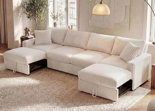 HONBAY 121.3 Inch Sectional Sofa, Modular L & U Shaped Pull Out Couch with Adjustable Backrest & Storage, Velvet White