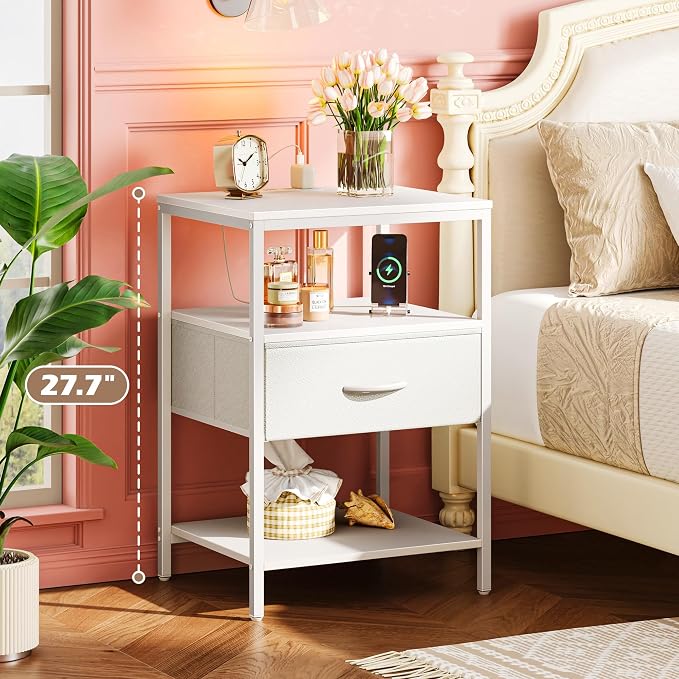 SUPERJARE Nightstand with Charging Station, White Night Stand with Adjustable Drawers, 17.7 Inches Wider Side Table for Bedroom, 3-Tier Storage End Table with Open Shelf, PU Leather Surface - Image 2